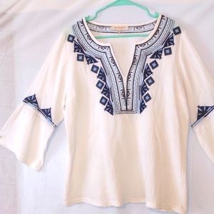 Boho Blouse, Sz 10, Embroidered Blue-on-White, NWOT